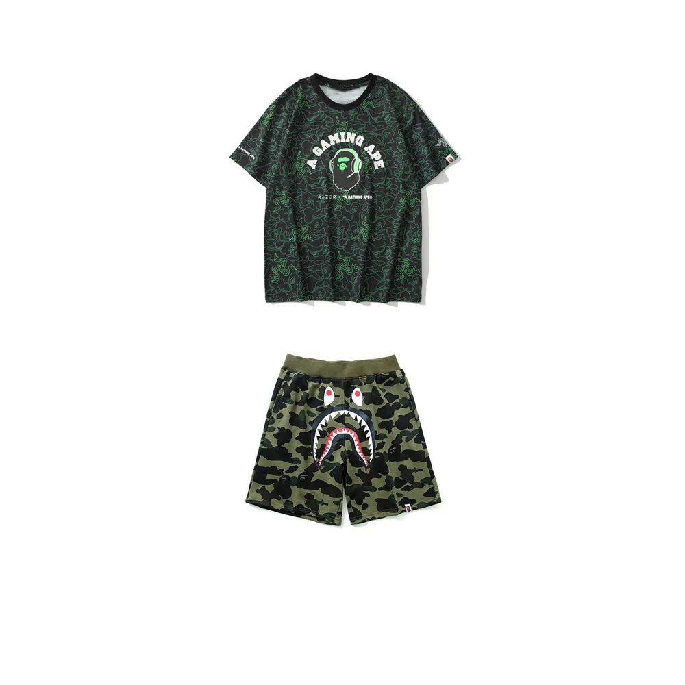 Summer new Bapes Shark Short Sleeve Shorts 2-piece 3D digital printed fashion trend T-shirt set for men and women Youth Sports