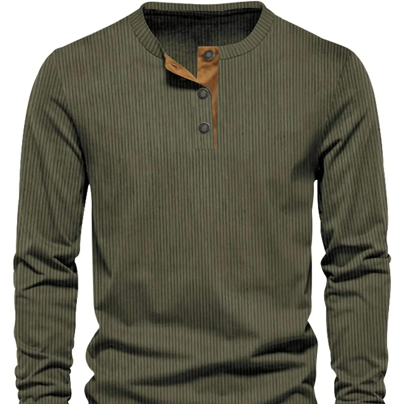 Frühling und Herbst Neues Cross-Border Herren-Cord-Freizeithemd mit Henley-Ausschnitt, schmal geschnitten, einfarbig, Langarm-T-Shirt – Detail 8