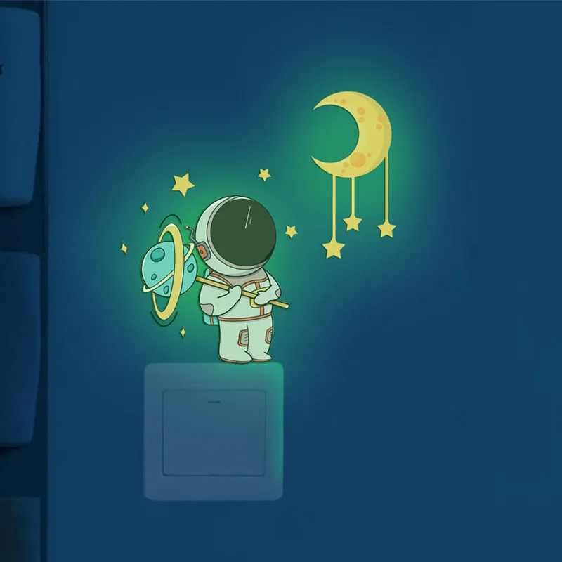 Luminous Astronaut Wall Stickers Kids Room Decor Glow In The Dark Planet Cartoon Cat Decals Fluorescent Rainbow for Home Switch luminous wall stickers fluorescent stickers