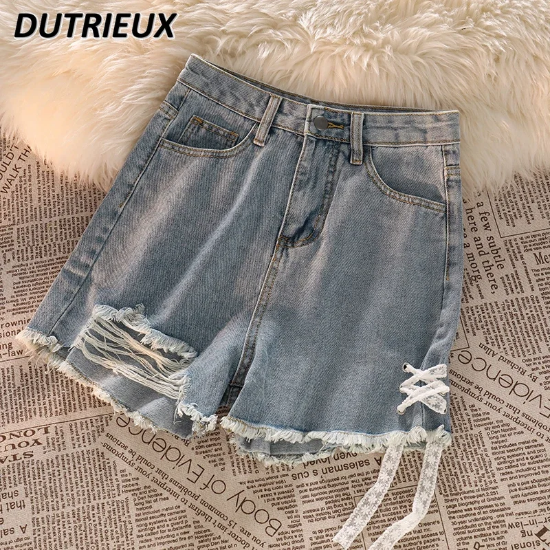 

Cute Girls' Summer New High Waist Denim Shorts Women's High-Grade Sense Niche Burr Straight Hot Pants Fashion Short Jeans