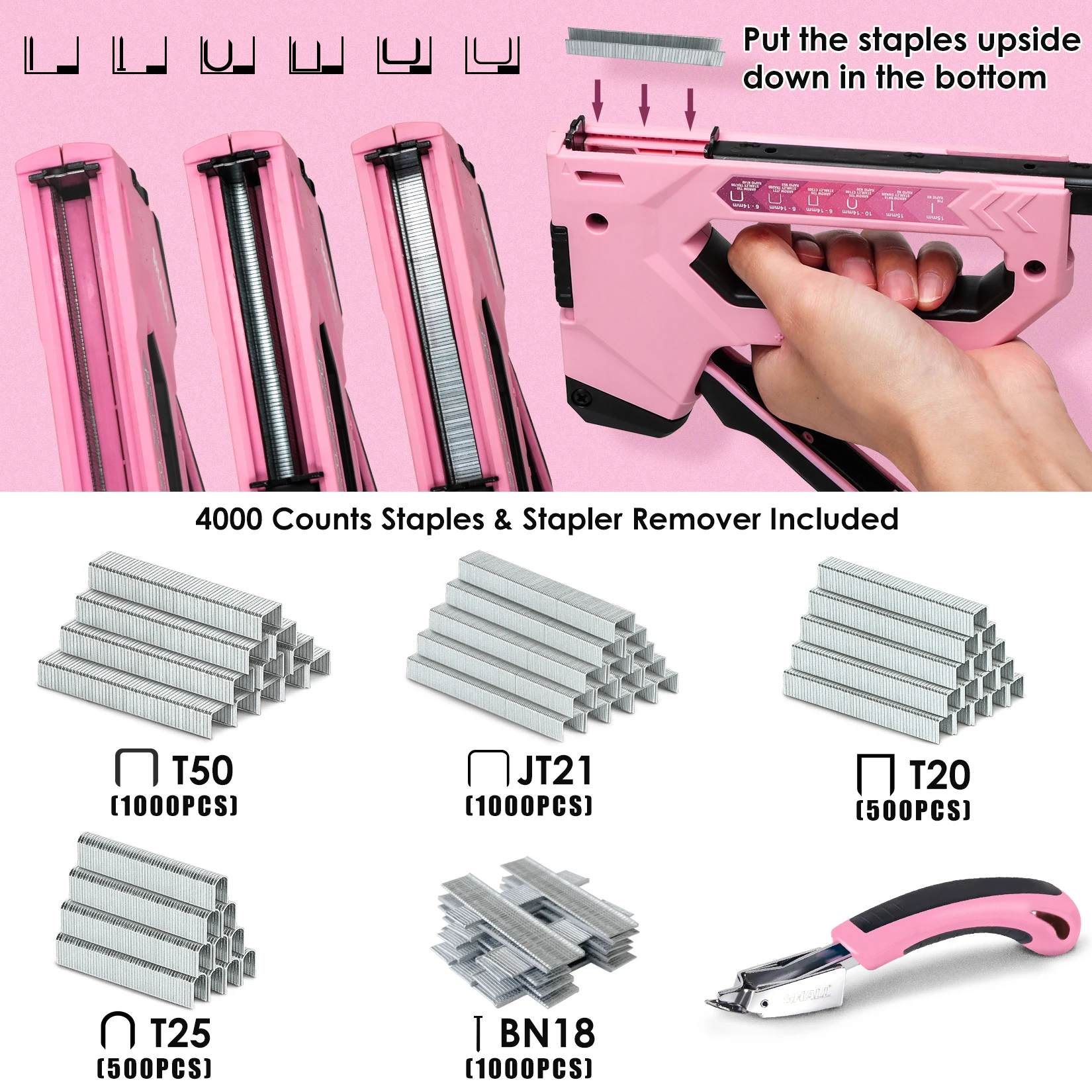SHALL Pink/Blue Nail Gun 6-in-1 Upholstery Stapler with 4000Pcs Staples& Stapler Remover Dual Power Staple Gun Home DIY Tools 6
