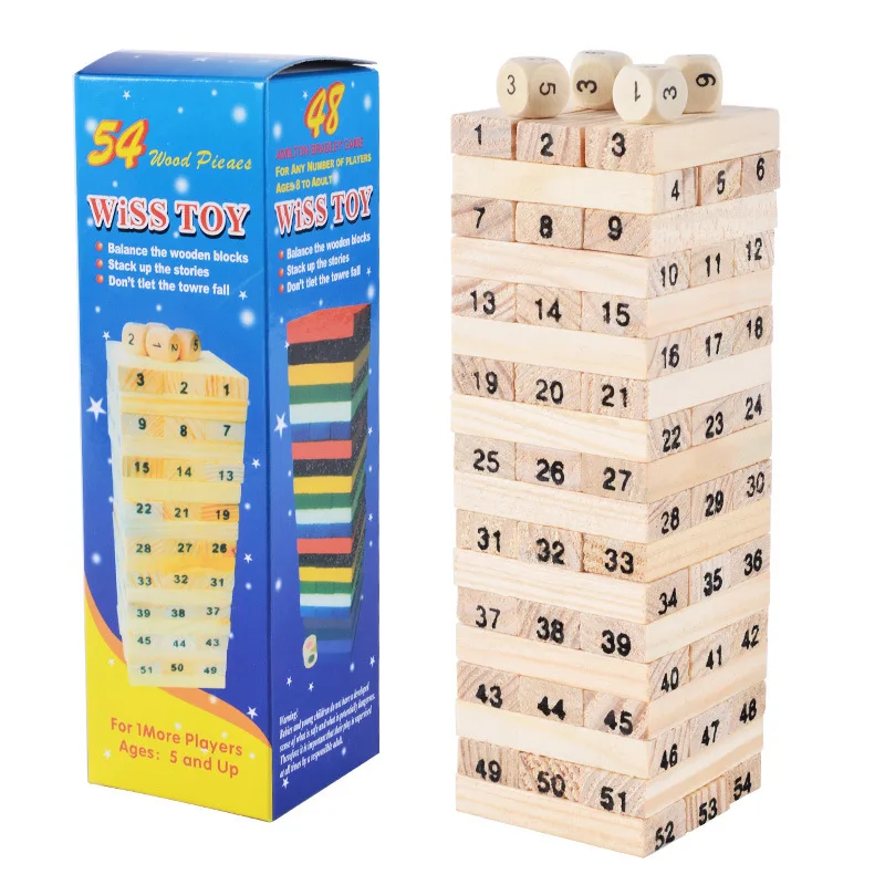 

Montessori 54 Pieces Log-colou Digital Children's Stacked Building Blocks Wooden Tumbling Tower Game Family Garden Games Toy