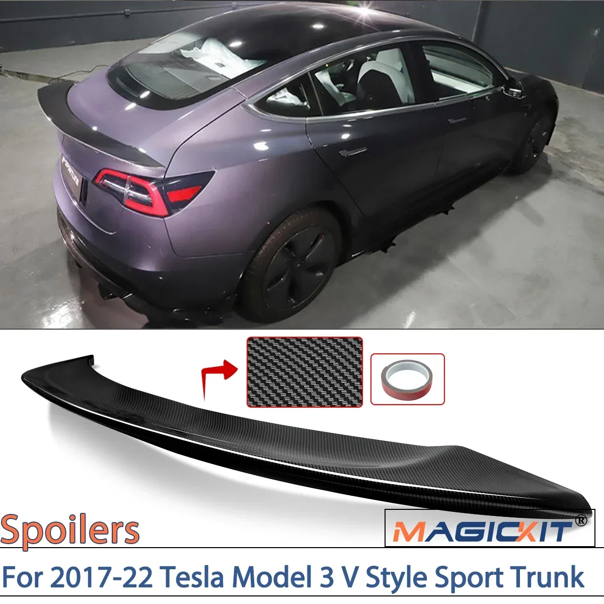 MAGICKIT Dla 2017-2022 Tesla Model 3 V Style Sport Pokrywa bagażnika Spoiler Skrzydło Włókno węglowe Akcesoria samochodowe Plastik ABS