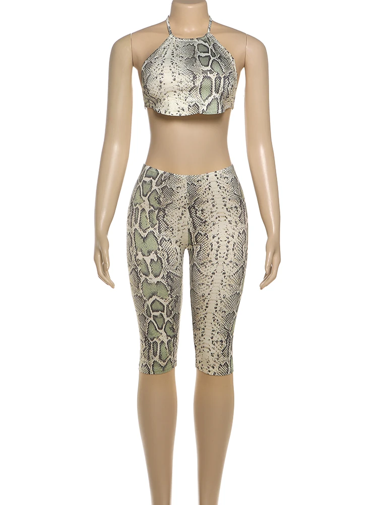 Nibber Midnight Wild 2 Piece Set Woman Serpentine Print Halter Backless Navel Exposed Tank Tops+Skinny Shorts Fashion Clubwear