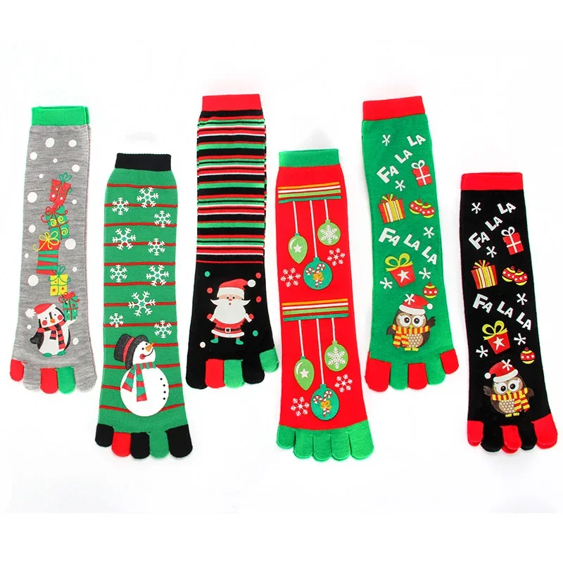 

Winter Warm Harajuku Women Christmas Toe Socks Santa Claus Snowman Five Fingers Socks High Tube Split Toe Dance Socks