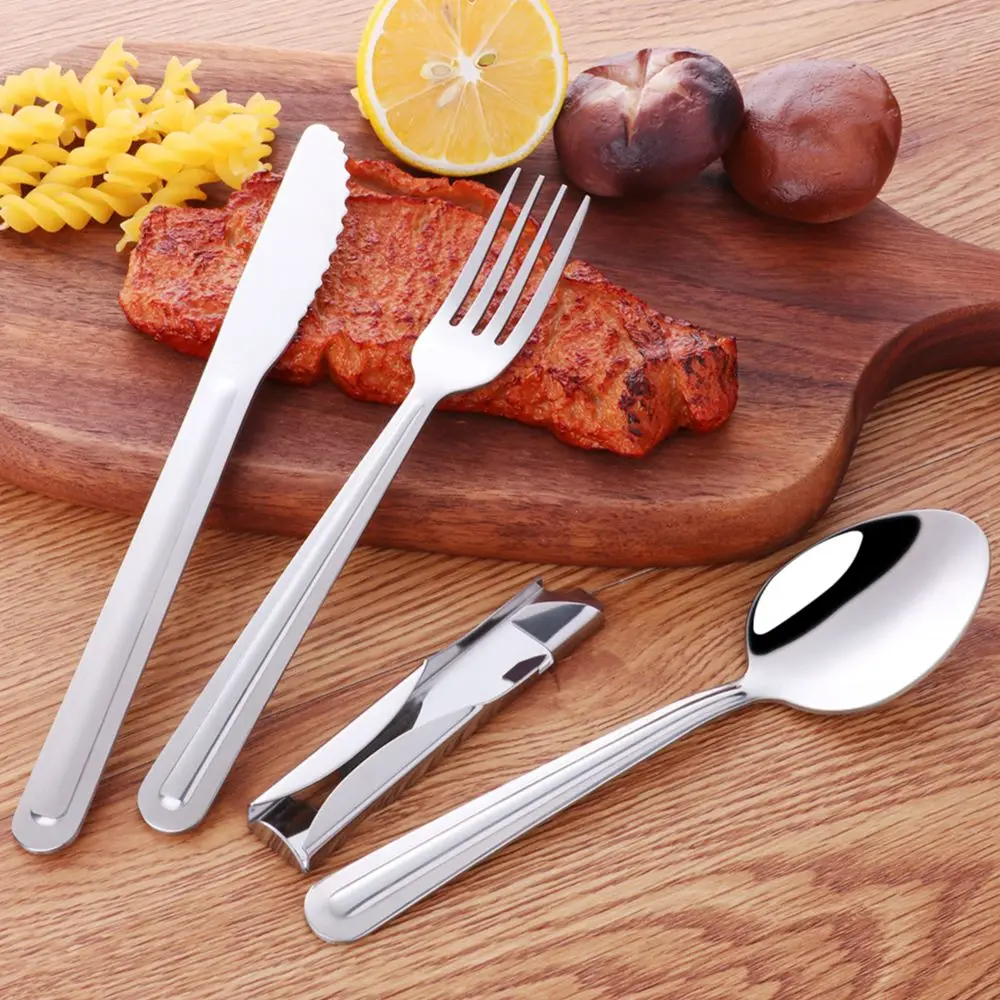 4 PCS Camping Set Outdoor Hiking & Travel picnic BBQ Stainless steel Tableware set with Bottle Opener