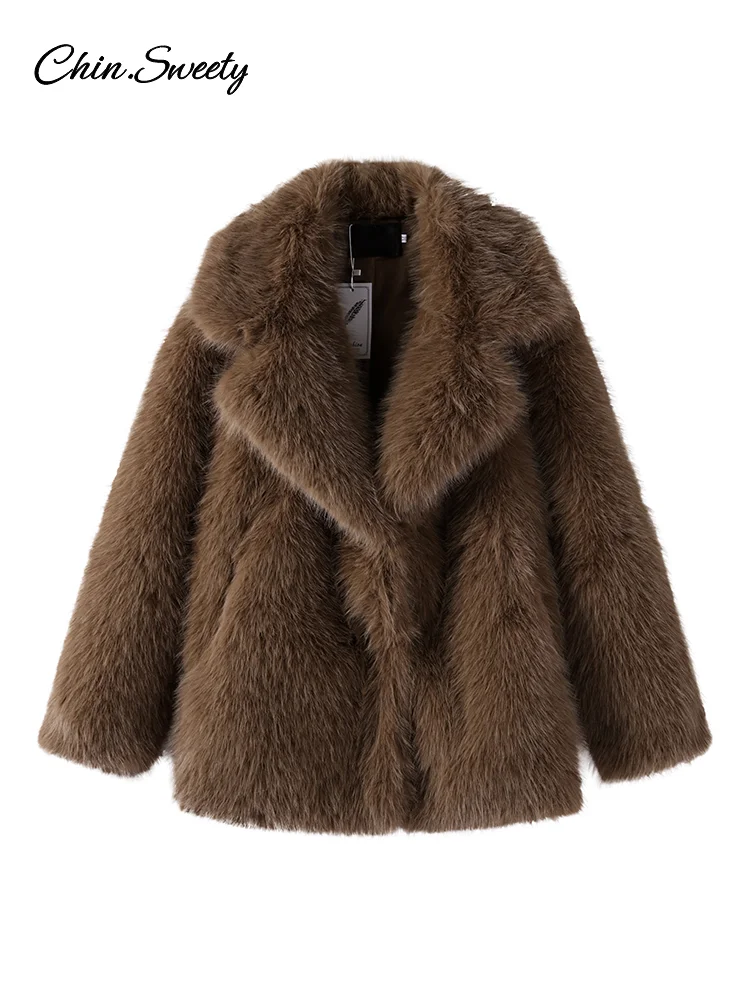 Luxury Women's Brown Faux Fur Coat Lapel Mid-Length Loose Imitation Plush Furry Buckle Overcoat Winter Lady Thick Warm Outwear