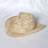 Cowboy hat fashion hollow handmade cowboy straw hat men's summer outdoor travel beach hat unisex solid color western cowboy hat 5