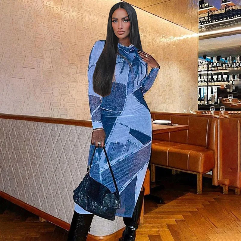 

Fahsion Denim Printed Patchwork Women Long Split Dress Fall Winter Long Sleeve Elegant Y2K Vintage Vestidos Club Party Robes