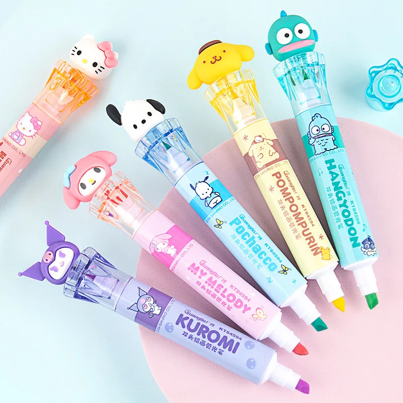산리오 멜로디 쿠로미 하이라이터 더블 헤드 키티 드로잉 형광 마커 펜, 사무실 학교 용품, 6 색 24 개/로트