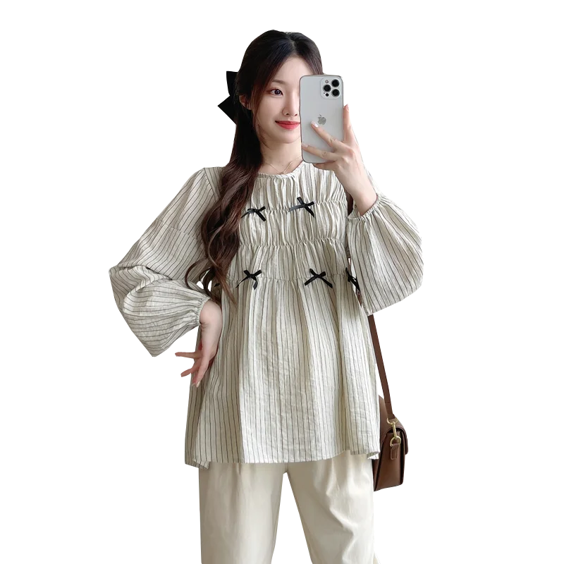 Korean Style Pregnant Women's Striped Shirts Long Sleeved Pleated High Waist Maternity Blouses with Bowknots Pregnancy Loose Top