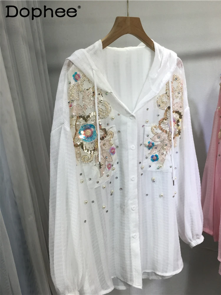 Heavy Industry Beads Single-Breasted Sun Protection Shirt Women Summer Lightweight Hood Embroidered Shirt Chiffon Cardigan