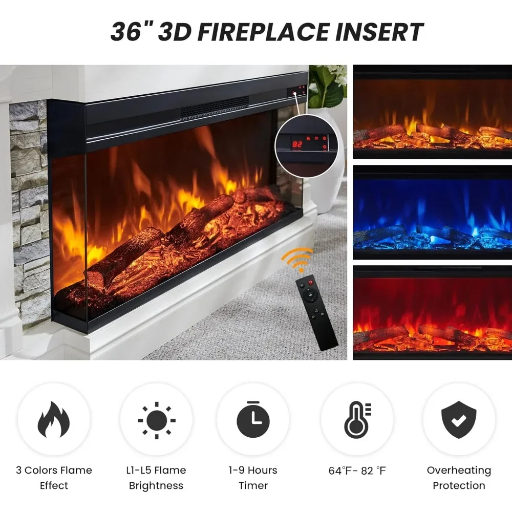 52" Electric Fireplace with Mantel, Freestanding Fireplace Heater TV Stand with 36" 3-Side Glass Insert for TVs Up to 65" 3