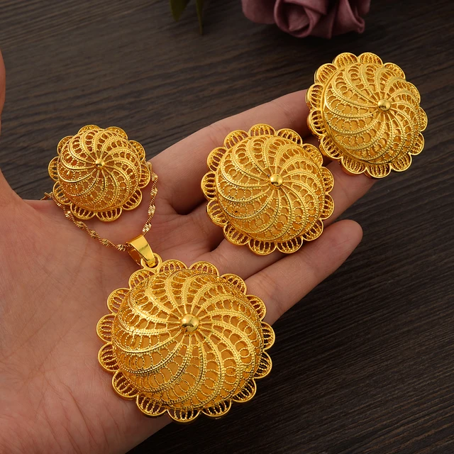 Fashion 24K Gold Plated Ethiopian Big Size Earrings/Pendant/Ring Jewelry Sets Gold Plate Africa Bride Wedding Eritrea Set Gift 5