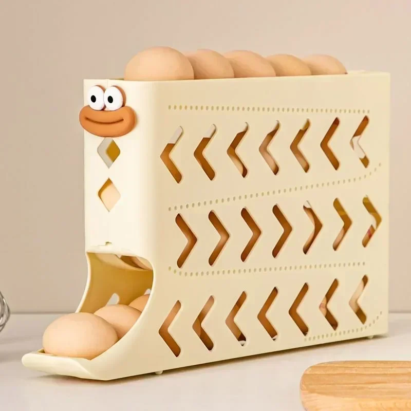 4 Tiers Automatic Rolling Egg Holder Rack New Large Capacity Egg Organizer Storage Box for Refrigerator Dispenser 30 Eggs