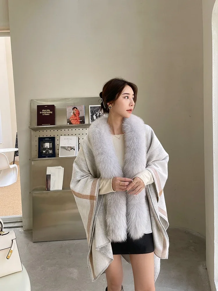 Fox Fur Collar Shawl Solid Wool Velvet Cloak Plaid Double Sided Thick Winter Warm Raw Edge Coat Casual Women's Clothing Fashion