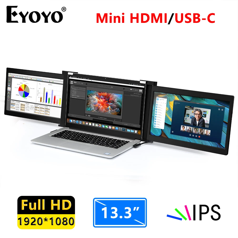 Портативный игровой монитор Eyoyo с двумя экранами, 13,3 дюйма, HDR, 1920x108, 0P, IPS, второй дисплей для тройного ноутбука, расширителя компьютера