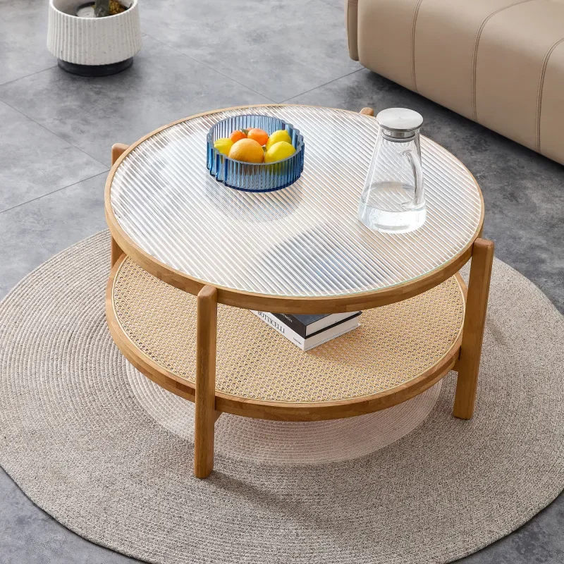 

simple circular double-layer solid wood tea table rattan woven Chinese side table small round table suitable for living room