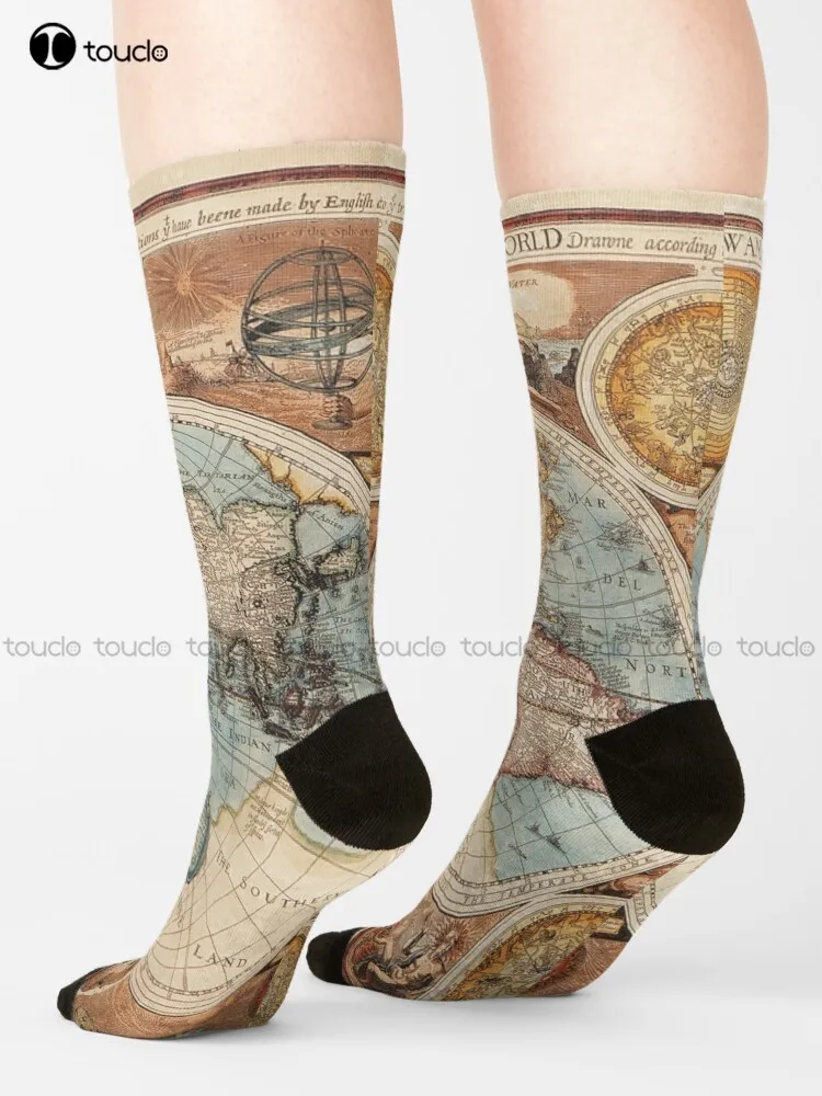 

Vintage World Map Socks White Socks Mens Personalized Custom Unisex Adult Teen Youth Socks Breathable Cotton 360° Digital Print