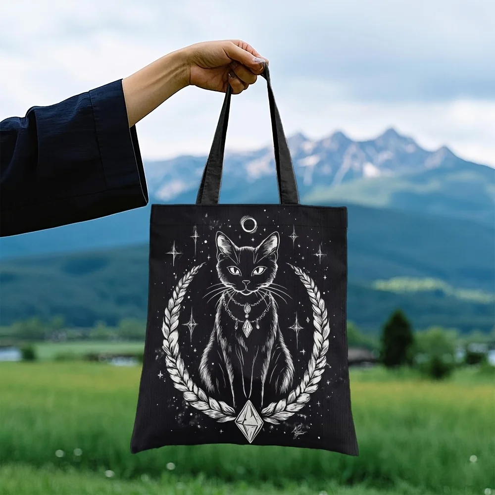 Sac à main cabas élégant chat noir et lune croissant nuit étoilée_voghion.com