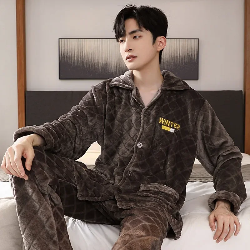 2024 New Men Pajamas Autumn Winter Warm Homewear Young People Can Wear Flannel Sleepwear Thicken Loose V-neck Warm Loungewear
