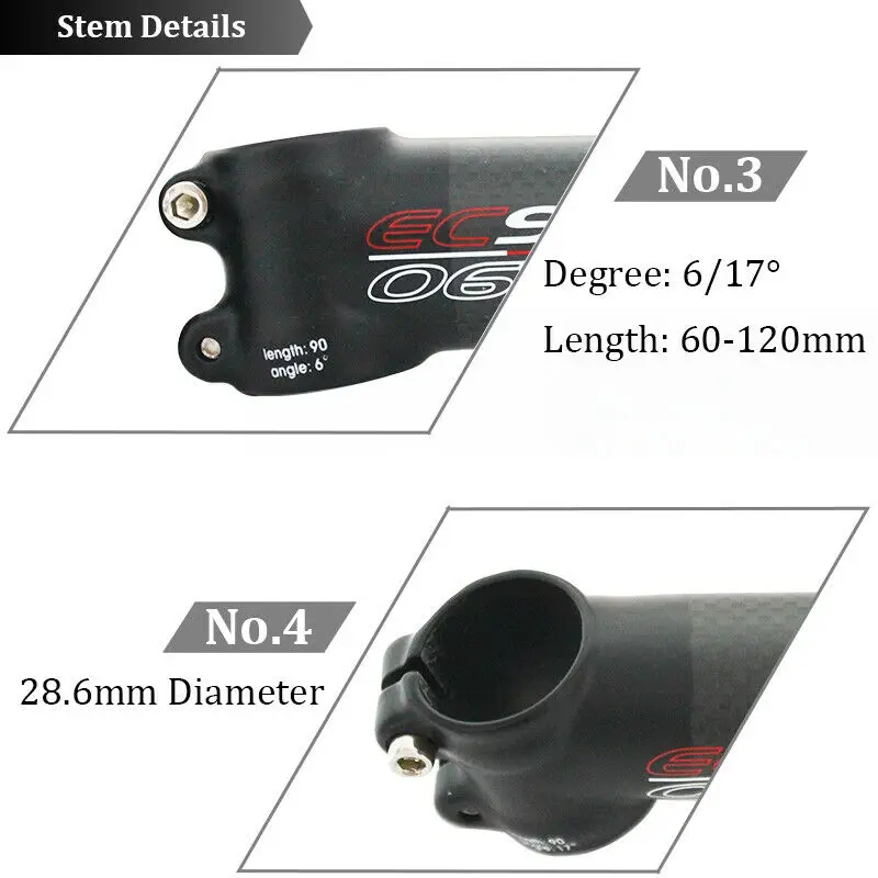 Aluminum Alloy+Carbon Fiber Bicycle Stem 60-120mm 6/17 Degree 1-1/8'' Bike Handl