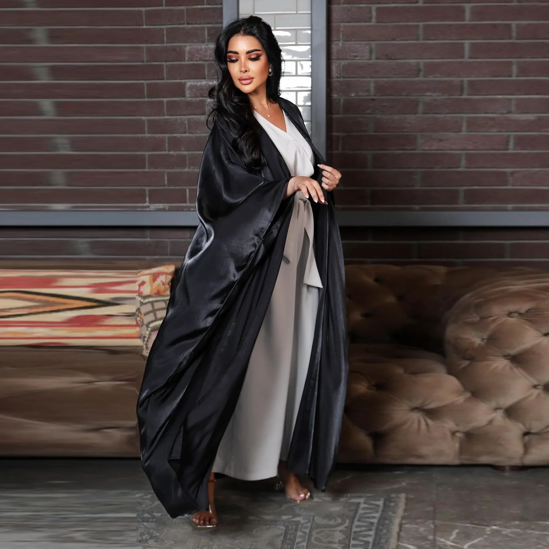 Shiny Satin Open Abaya Kimono Cardigan Muslim Dress Kaftan Islam Plain Batwing Abayas for Women Dubai Turkey Party Modest Outfit