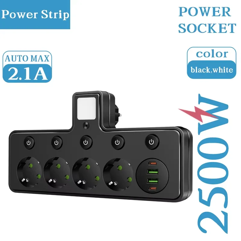 EU Plug Power Strip with 3/5 Outlets, Dual USB Ports, and Type C Socket - 2M Cord with Safety and Fire Prevention Features