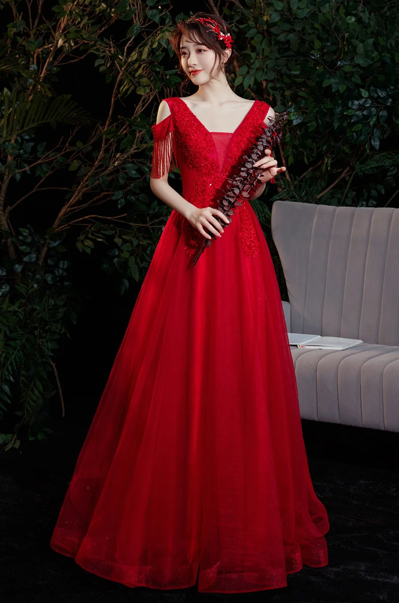 plus size ball gowns Red A-line Long Evening Dresses For Wedding Party Elegant V-neck Shoulder Strasp Floor-length Tulle Women Prom Gowns 2021 white evening gowns