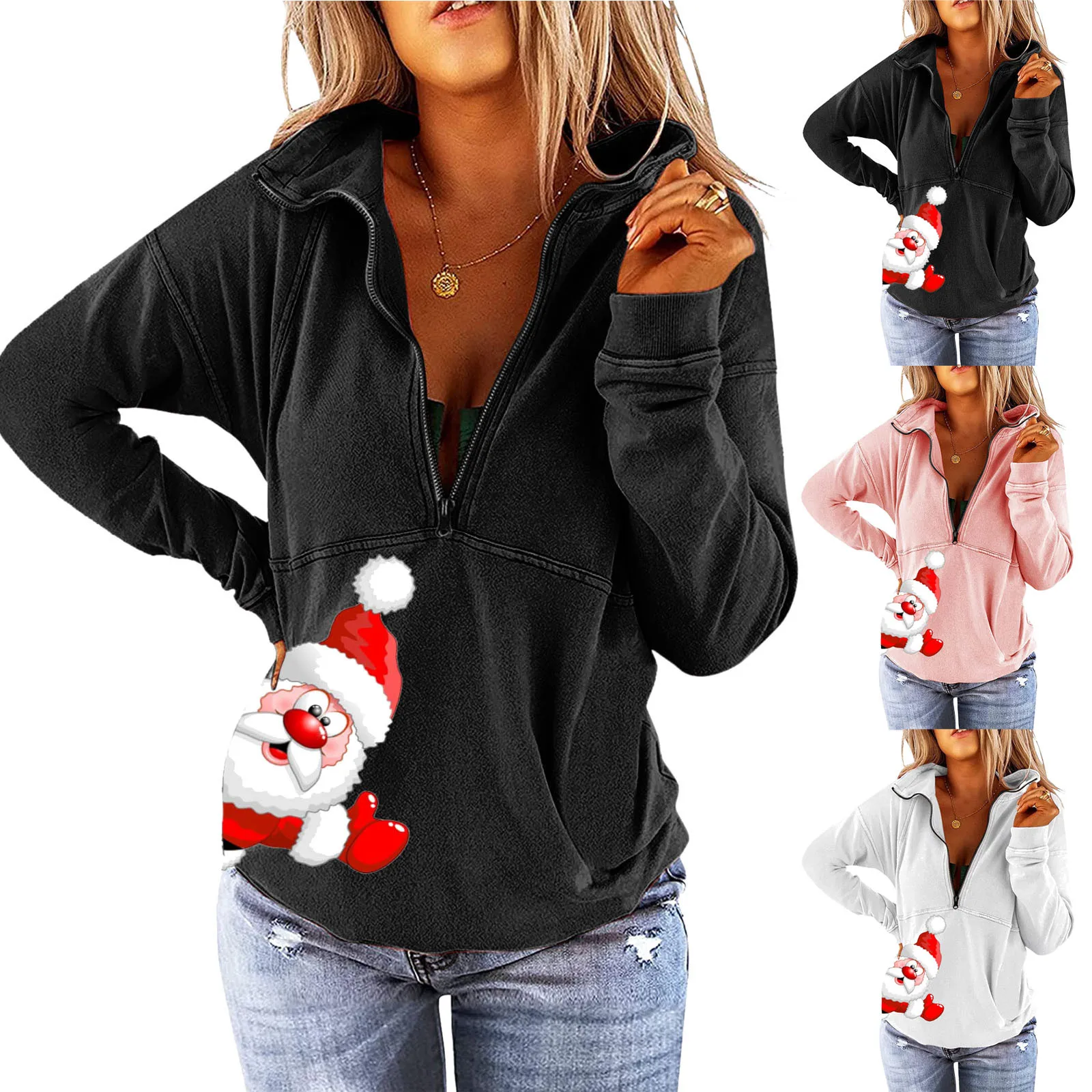 

Retro Japanese style Autumn Spring Kpop daily shirt Women's Zipper Pullover Top Christmas Print Sweater Casual Women's