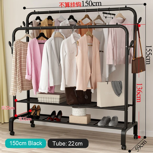 Garment Rack Floor Standing Clothes Hanger Double Pole Coat Rack Wardrobe Clothing Drying Rack Mobile Cloth Rail Home Furniture B Double layer 150cm