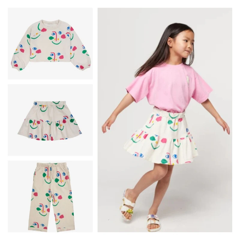 

Children's Set 2024 Spring New Full Print Smiling Face Series Jacquard Fabric Girls Top Summer Skirt Printed Casual Pants