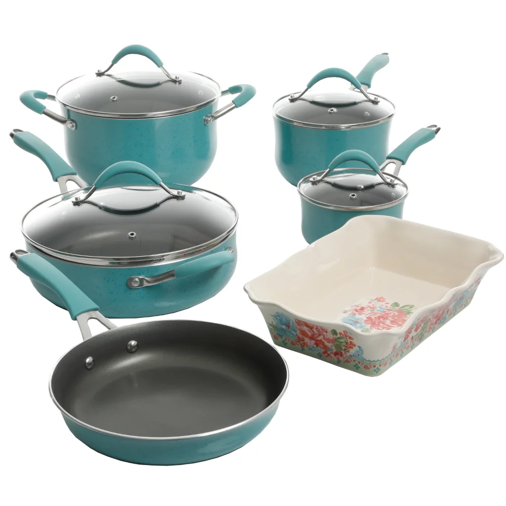 The Pioneer Woman Sweet Romance 30-Piece Nonstick Cookware Set, Turquoise