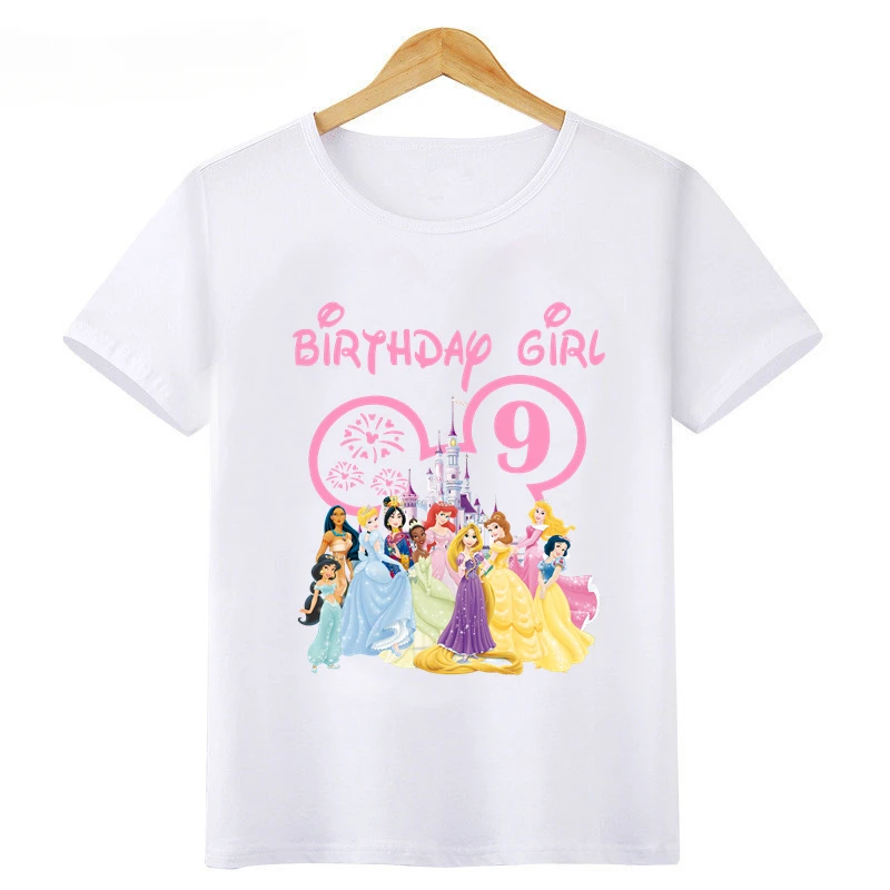 2024 New Disney Princess Graphic Birthday Girl Kids T Shirt Age 1 2 3 4 5 6 7 8 9 Years Girls Clothes Party Kawaii Baby T-Shirts 5