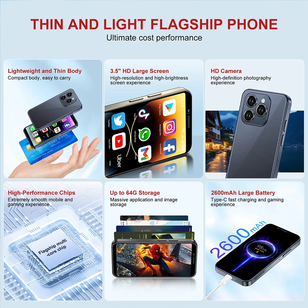 REMIK XS15 Mini Smartphone 4G LTE Android 4GB RAM 128GB ROM 3.5" Display 5MP Camera Dual SIM With Play Store WhatsAPP