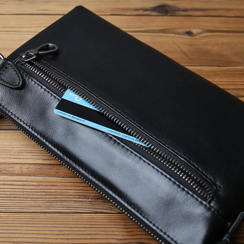 NZPJ Men's Genuine Leather Wrist Bag Cow Leather Wallet Large Capacity Mobile Phone Bag ID Holder  For 8-Inch iPad Cowhide