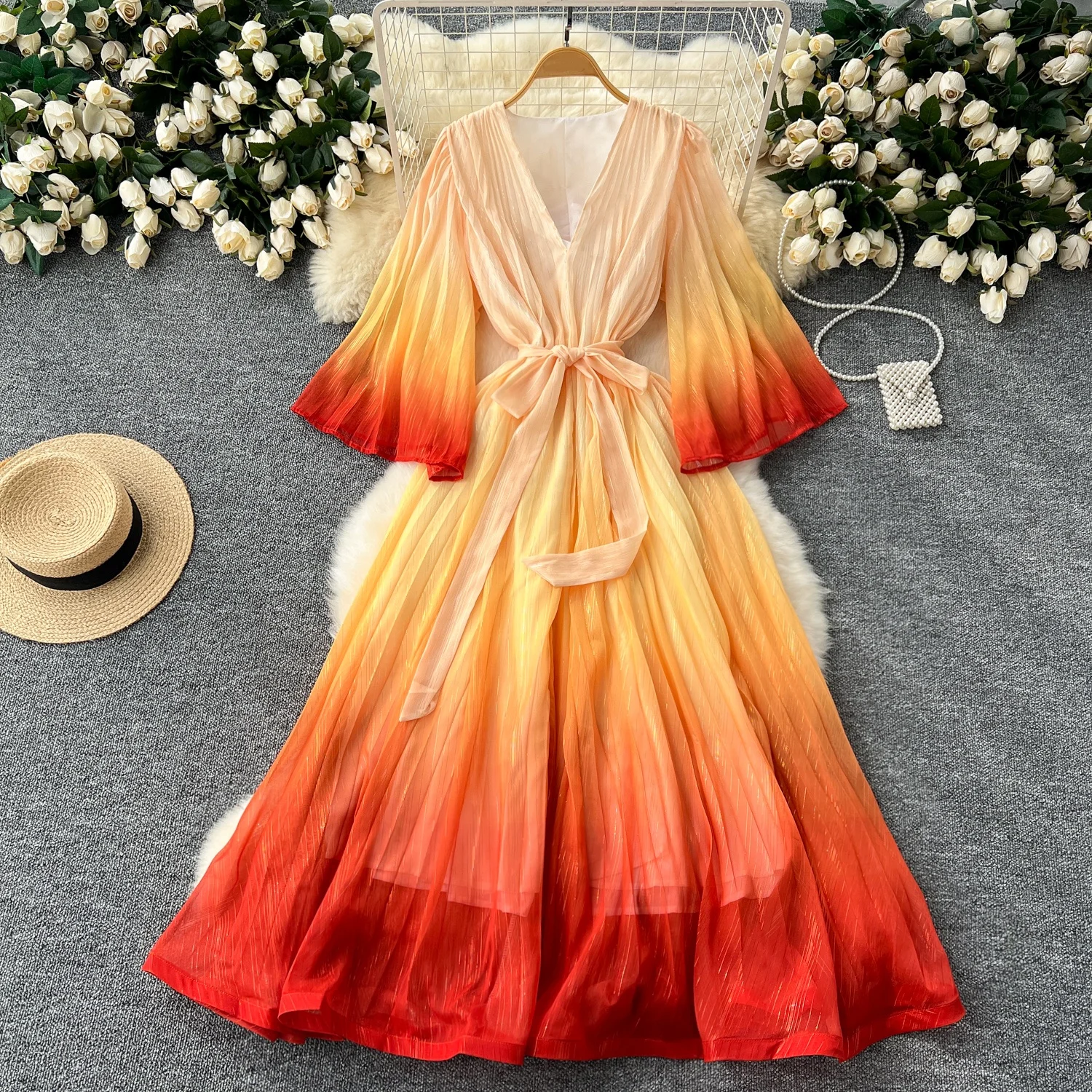 

Clothland Women Elegant Print Maxi Dress V Neck Flare Sleeve Sashes One Piece Retro Female Chic Long Dresses Vestido QD583