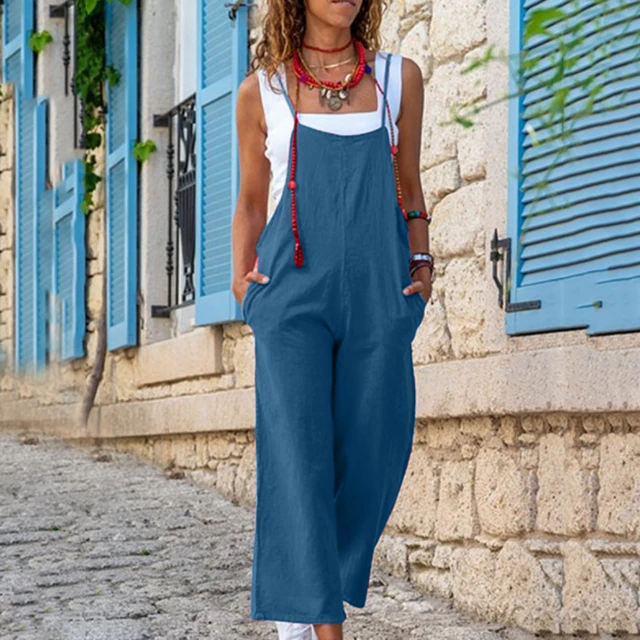 Rompers 2024 New Brand Women Casual Loose Cotton Linen Solid Pockets Jumpsuit  Overalls Wide Leg Cropped Pants hot mono de mujer - AliExpress