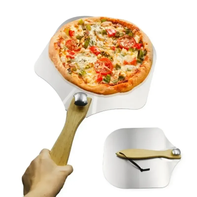 Stainless Steel Aluminum Folding Pizza Spatula Baking Tool Cake Transfer with Foldable Oak Handle Pizza Peel Spatula Scraper Pizza Bakeware