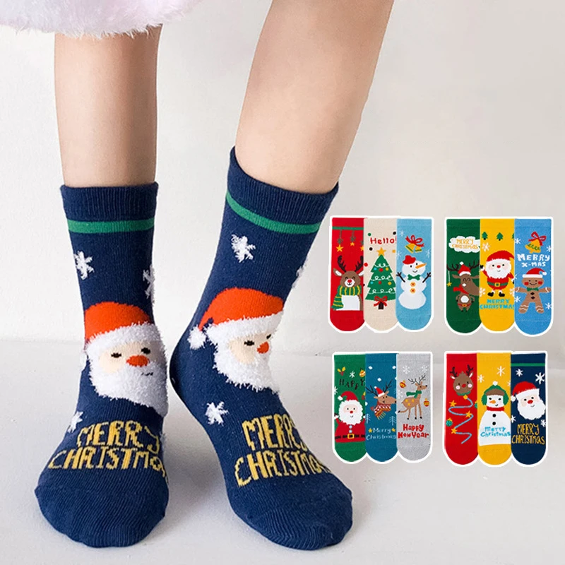 

3 Pairs/pack Merry Christmas Autumn Winter Cotton Children Long Socks 2023 New Baby Cartoon Cute Thermal Stockings Gift for Kids