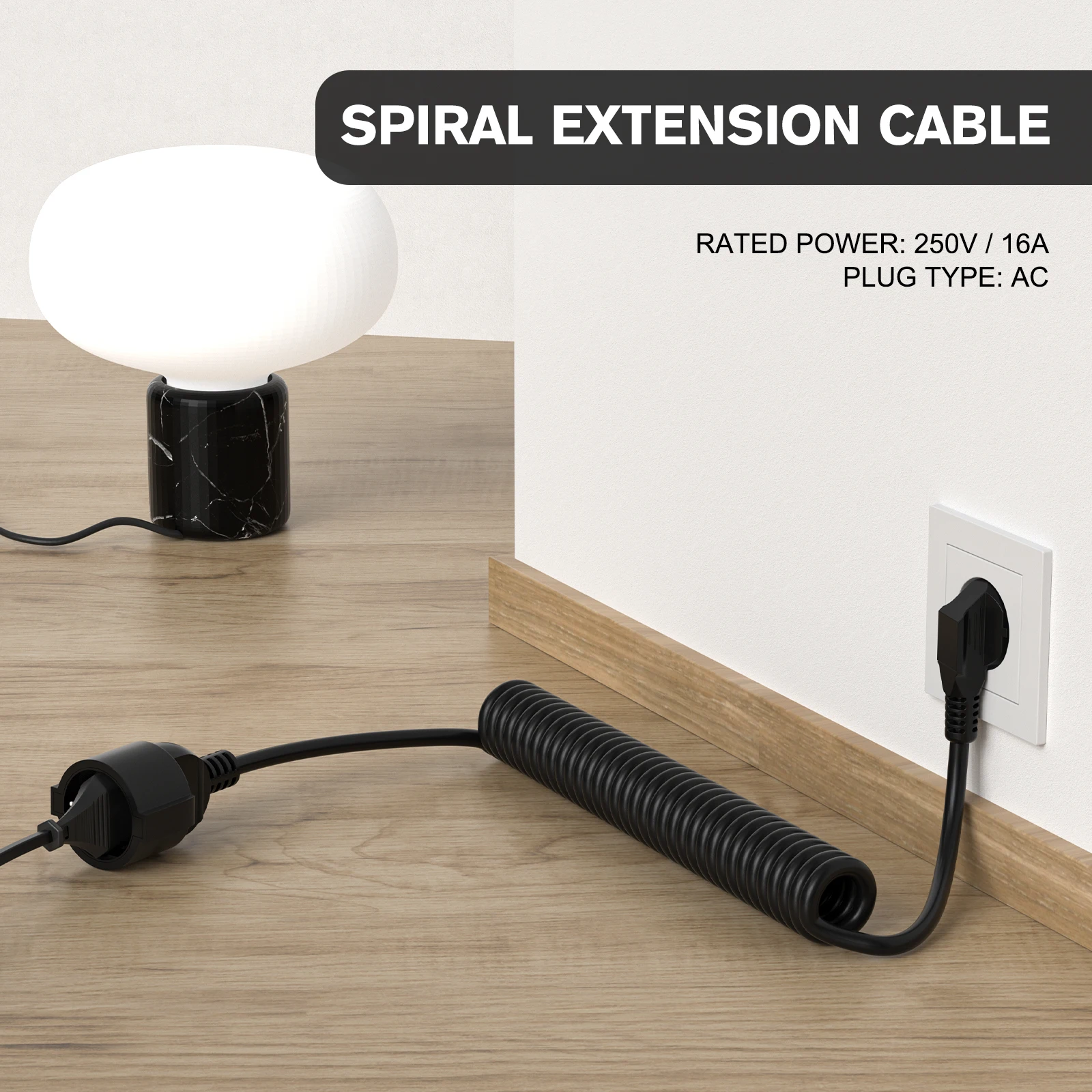 Telescopic PVC Spring Extension Cable, EU 2-Pin Plug to Socket, Black 13A 220V-250V
