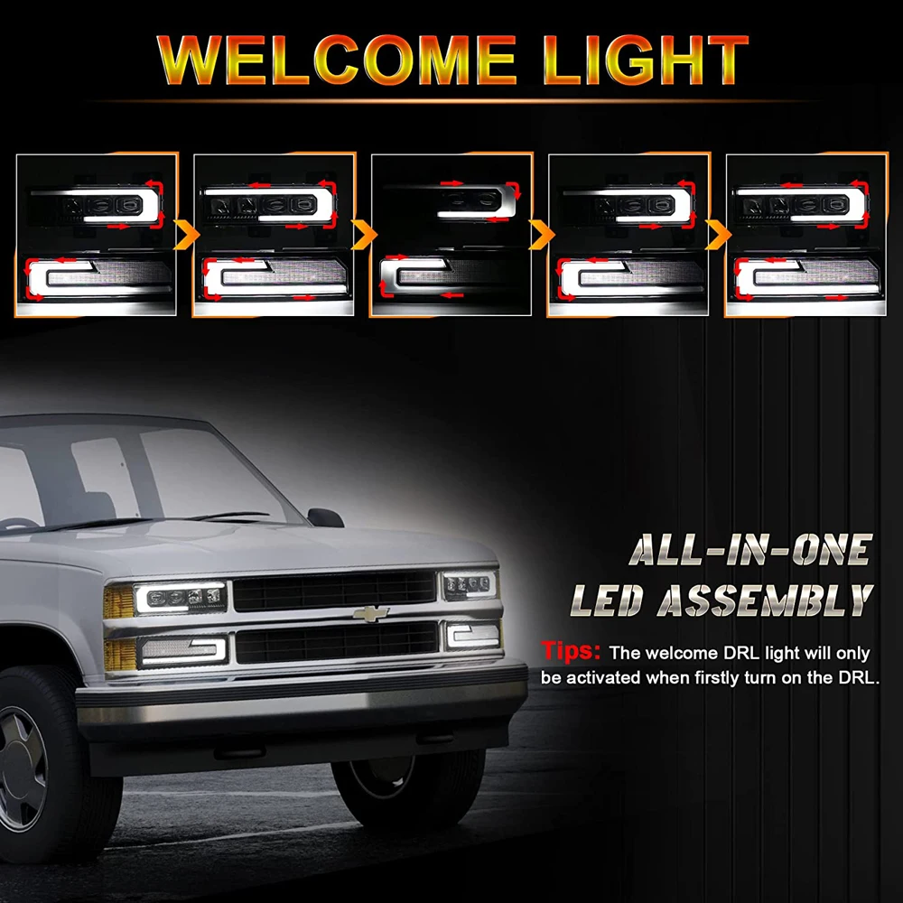 21 Sets LED Headlight with Welcome DRL Turn Signal Fit 1988-1998 Chevy GMC  C/K 1500 2500 3500 Suburban Silverado Tahoe Yukon