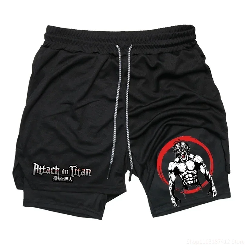 Anime Print Two-in-one Men's Elastic Double-layer Shorts Summer Quick-drying Running Fitness Compression Sports Shorts M-3XL 4