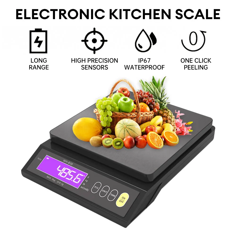 

5kg/10kg Kitchen Electronic Scale IP67 Waterproof Wide Range Rechargeable Stainless Steel Kitchen Measuring Tool for Baking