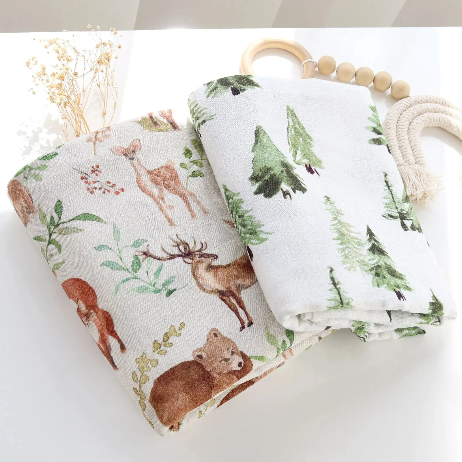 LifeTree 남녀공용 모슬린 배넷저고리 담요, 중립 소프트 포대기 랩, 보육 받기 담요, 120cm, 2 팩