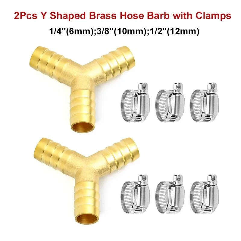 

2Pcs Y Shaped Brass Hose Barb with Clamps 3 Way Air Hose Fitting Intersection Hose Splitter for Water Fuel Air