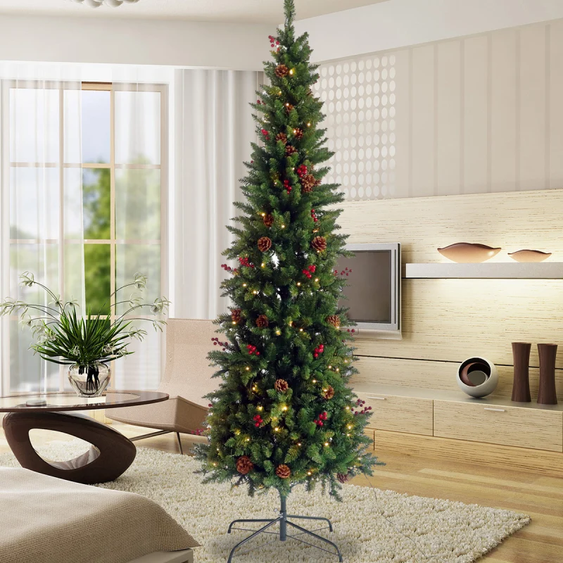 Kunstmatige Slanke Kerstboom Pre-Lit Potlood Echt Skinny Spar Met Kegels Bessen 7.5ft Opvouwbare Metalen stand - AliExpress