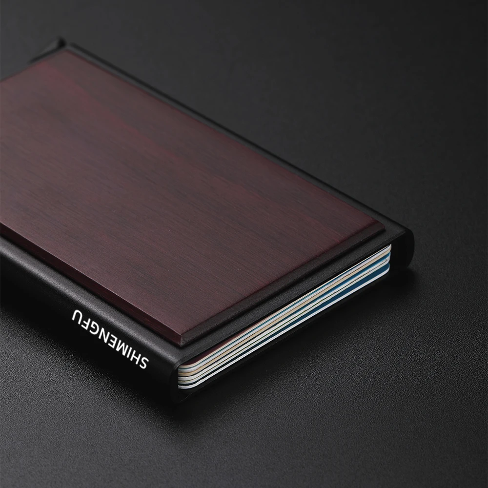 Anti-theft ID Credit Card Holder Pop Up Porte Carte RFID Slim Wood Aluminium Men Wallet Pocket Case Women Bank Debit Card Box