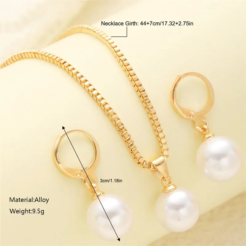 Vintage Simple Imitation Pearl Pendant Necklace Earring Set for Women Gold Color Chain Metal Jewelry Set Wedding Birthday Gifts 2