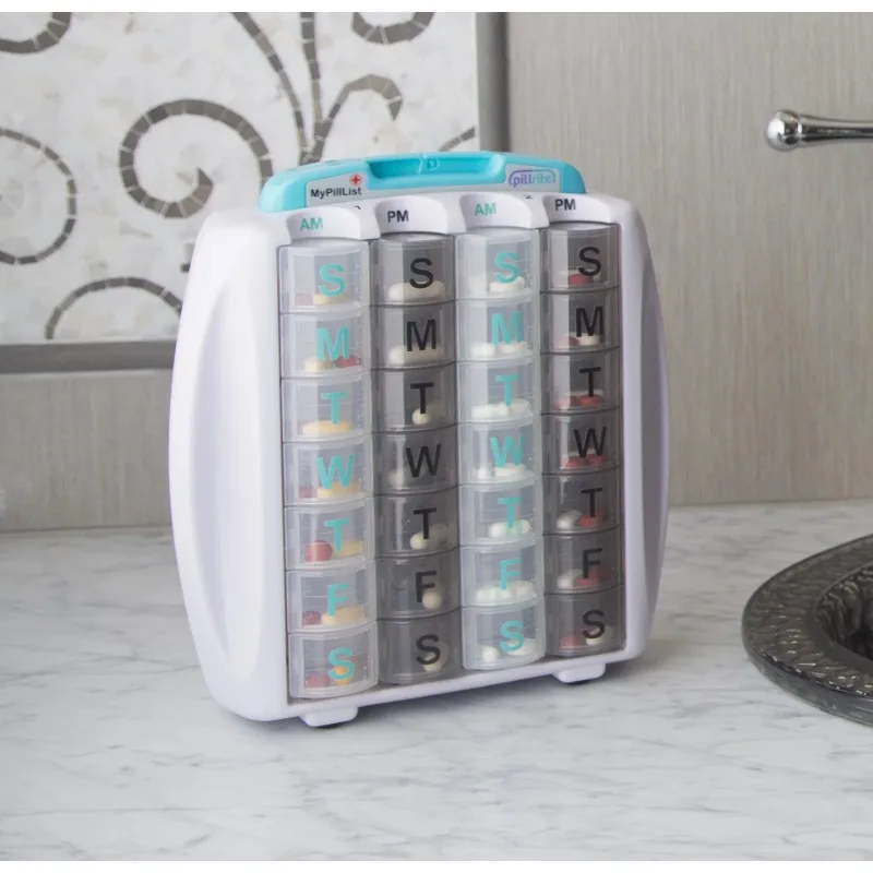 

Monthly Pill Organizer, Twice Daily AM and PM, 4 week pillbox. Easy and Simple to use dispenser for medications and vitamins.